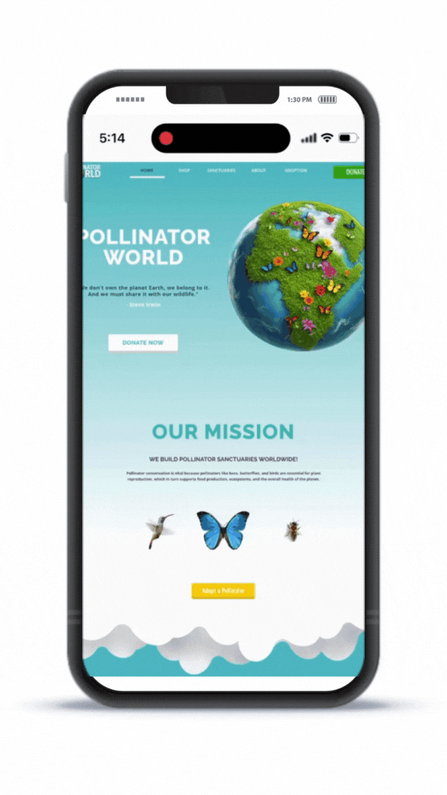 Pollinator World adoption page on mobile